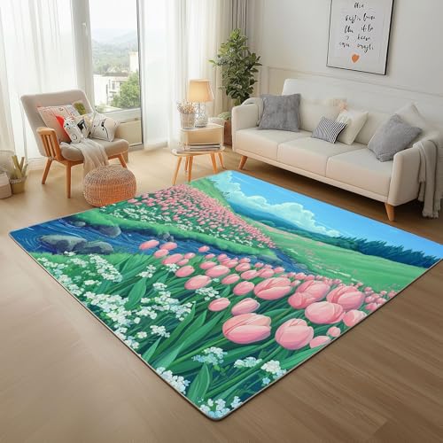 Lwznbio Tulpe Blumen Wohnzimmerteppich 200x280 cm Blumenfeld Teppich Kurzflor, Weich rutschfest Waschbare Teppiche Natürliche Landschaft Eingangsteppich Fußmatte Schlafzimmer Kinderzimmer von Lwznbio