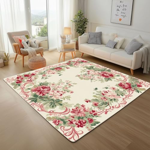 Lwznbio Vintage Blumen Wohnzimmerteppich 200x280 cm Pfingstrosen Teppich Kurzflor, Weich rutschfest Waschbare Teppiche Blumenmuster Eingangsteppich Fußmatte Schlafzimmer Kinderzimmer von Lwznbio