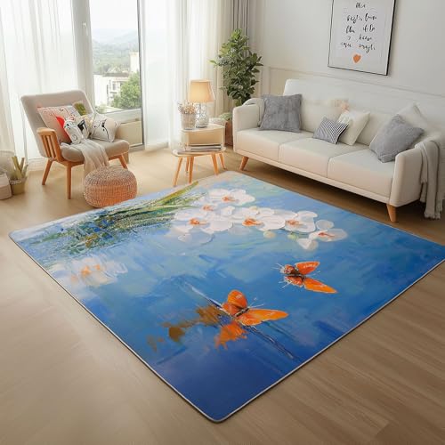 Lwznbio Weiß Orchidee Wohnzimmerteppich 200x280 cm Schmetterling Blumen Teppich Kurzflor, Weich rutschfest Waschbare Teppiche Malerei Blumenmuster Eingangsteppich Fußmatte Schlafzimmer Kinderzimmer von Lwznbio
