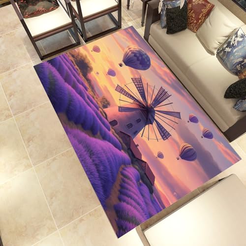 Lwznbio Windmühle Heißluftballon Wohnzimmerteppich 200x280 cm Lavendel Blumenfeld Teppich Kurzflor, Weich rutschfest Waschbare Teppiche Blumenmuster Eingangsteppich Fußmatte Schlafzimmer Kinderzimmer von Lwznbio