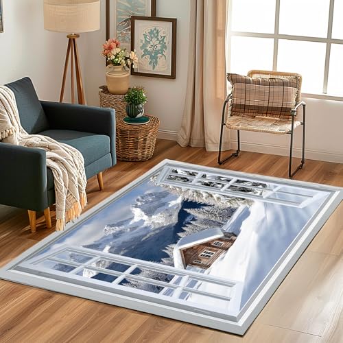 Lwznbio Winter Schneeszene Wohnzimmerteppich 200x280 cm Winter Schneeszene Teppich Kurzflor, Weich rutschfest Waschbare Teppiche Holzhaus Dekor Eingangsteppich Fußmatte Schlafzimmer Kinderzimmer von Lwznbio