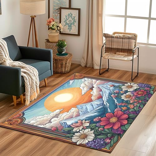 Lwznbio Wohnzimmerteppich 160x230 cm Farbe Blumen Berge Teppich Schlafzimmer Waschbarer Kurzflor Sonnenuntergang Teppiche Weich rutschfest für Esszimmer, Büro, Spielzimmer, Kinderzimmer von Lwznbio