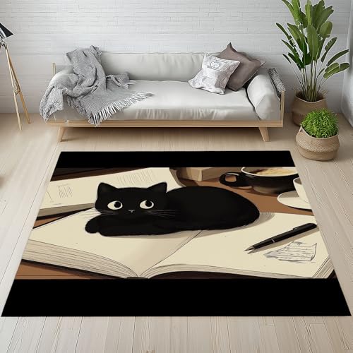 Lwznbio Wohnzimmerteppich 160x230 cm Schwarz Katze Bücher Teppich Schlafzimmer Waschbarer Kurzflor Tierliebhaber Teppiche Weich rutschfest für Esszimmer, Büro, Spielzimmer, Kinderzimmer Lwznbio Wohnzimmerteppich 160x230 cm Schwarz Katze Bücher Teppich Schlafzimmer Waschbarer Kurzflor Tierliebhaber Teppiche Weich rutschfest für Esszimmer, Büro, Spielzimmer, Kinderzimmer von Lwznbio