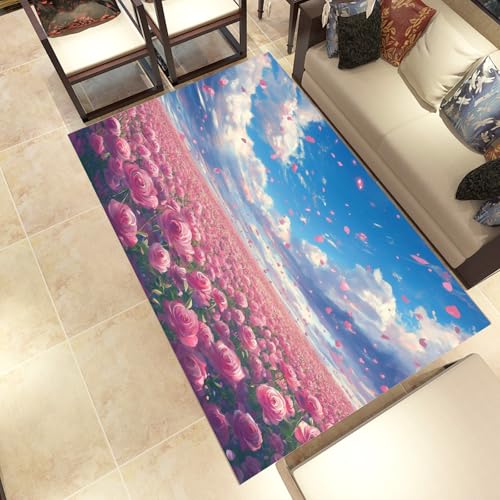 Lwznbio romantisch Rose Wohnzimmerteppich 200x280 cm Blumenfeld Teppich Kurzflor, Weich rutschfest Waschbare Teppiche Blumenmuster Eingangsteppich Fußmatte Schlafzimmer Kinderzimmer von Lwznbio