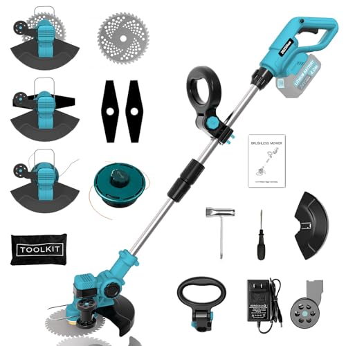 Rasentrimmer Mit Akku Für Makita Rasentrimmer, 21v Akku Rasentrimmer Mit 3 Arten Klingen, Freischneider Akku 2 In 1 Mit Seitlichen RäDern FüR Einfaches Trimmen Der Kanten (ohne Akku) (Blue) von Lx2crya