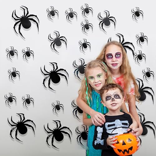 Lxoraziy 24 Stück Halloween 3D Spinnen Wandaufkleber Set mit Kleber, Schwarze Plastikspinnen für Wanddeko, Gruselige Halloween Dekoration, DIY Party Requisiten(24, Spinne) von Lxoraziy