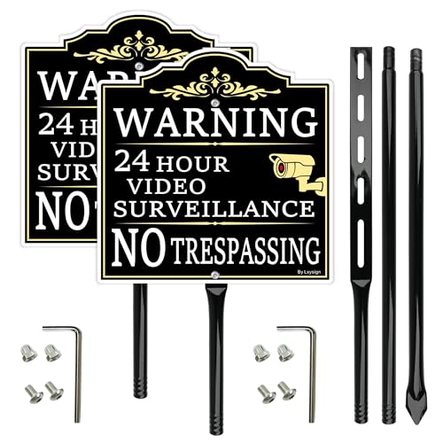 Lxysign Warnschild "Video Surveillance No Trespassing", Schwarz und Gold, 30,5 x 30,5 cm, Aluminium, 2 Stück mit 137,2 cm hohen Metallpfähle, CCTV-Sicherheitsschilder Lxysign Warnschild "Video Surveillance No Trespassing", Schwarz und Gold, 30,5 x 30,5 cm, Aluminium, 2 Stück mit 137,2 cm hohen Metallpfähle, CCTV-Sicherheitsschilder von Lxysign