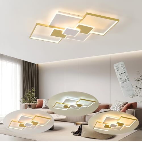 Lxysy LED deckenleuchte dimmbar wohnzimmerlampe modern、deckenleuchte schlafzimmer deckenlampe schwarz Für Wohnzimmer, Esszimmer, Küche, Büro (Weiß + Gold, L 90CM) von Lxysy