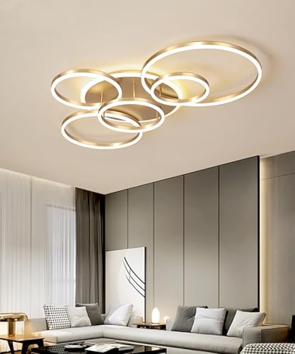 Lxysy Moderne LED Deckenleuchte, dimmbare Deckenleuchte Goldener Ring deckenlampe mit Fernbedienung Einbau Schlafzimmer Deckenleuchte, 6 Ring deckenlampe gold von Lxysy