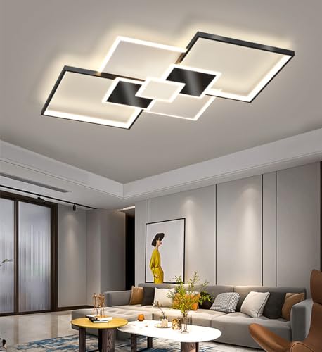 Lxysy Moderne LED Deckenleuchte Gold + Weiß Rechteckige Design Deckenleuchte Dimmbare Deckenleuchte Wohnzimmer Deckenleuchte mit Fernbedienung Schwarz + Weiß Deckenleuchte (Black + White, 110cm) von Lxysy