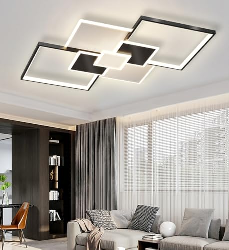 Lxysy Moderne LED Deckenleuchte Gold + Weiß Rechteckige Design Deckenleuchte Dimmbare Deckenleuchte Wohnzimmer Deckenleuchte mit Fernbedienung Schwarz + Weiß Deckenleuchte (Black + White, 90cm) von Lxysy