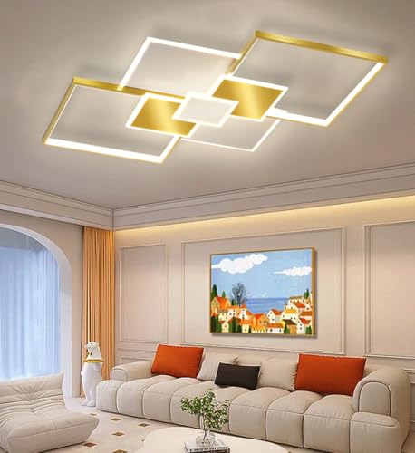 Lxysy Moderne LED Deckenleuchte Gold + Weiß Rechteckige Design Deckenleuchte Dimmbare Deckenleuchte Wohnzimmer Deckenleuchte mit Fernbedienung Schwarz + Weiß Deckenleuchte (Gold + White, 90cm) von Lxysy