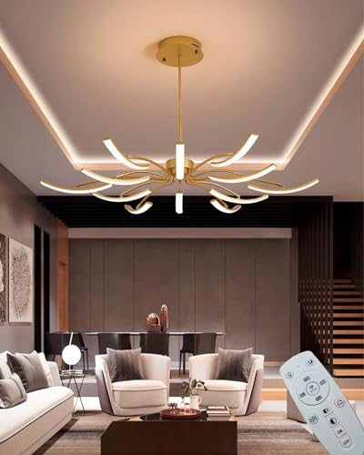 Moderner LED-Kronleuchter Dimmbare LED-Deckenleuchte Wohnzimmerleuchte mit Fernbedienung, Kronleuchter gold/Kronleuchter schwarz für Esszimmer, Schlafzimmer, helles Wohnzimmer (Golden, 6+6 Köpfe) von Lxysy