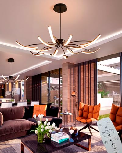 Moderner LED-Kronleuchter Dimmbare LED-Deckenleuchte Wohnzimmerleuchte mit Fernbedienung, Kronleuchter gold/Kronleuchter schwarz für Esszimmer, Schlafzimmer, helles Wohnzimmer (schwarz, 6+6 Köpfe) von Lxysy