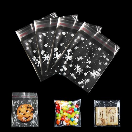 Lyaor 300 Stück Selbstklebend Plastiktüten 8x8cm Transparent Klein Cellophantüten Schneeflocke Weihnachten Tüten Klar Zellophantüten Klein Verpackungsbeutel für Süßigkeiten Kekse Gebäck Schokolade von Lyaor