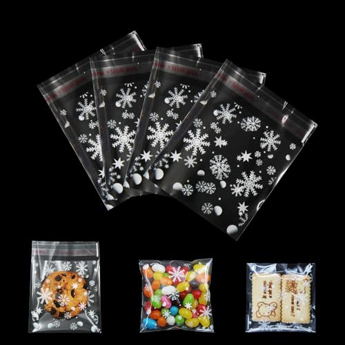 Lyaor 300 Stück Selbstklebend Plastiktüten 8x8cm Transparent Klein Cellophantüten Schneeflocke Weihnachten Tüten Klar Zellophantüten Klein Verpackungsbeutel für Süßigkeiten Kekse Gebäck Schokolade von Lyaor