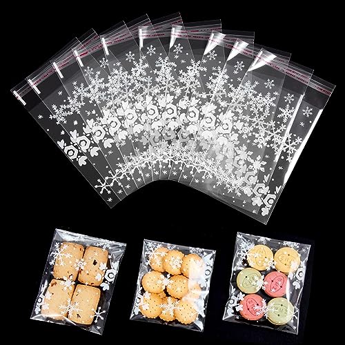 Lyaor 400 Stück Selbstklebend Plastiktüten 10x15cm Klein Cellophantüten Schneeflocke OPP Tütchen Weihnachten Tüten Klar Zellophantüten Klein Verpackungsbeutel für Süßigkeiten Kekse Gebäck Schokolade von Lyaor