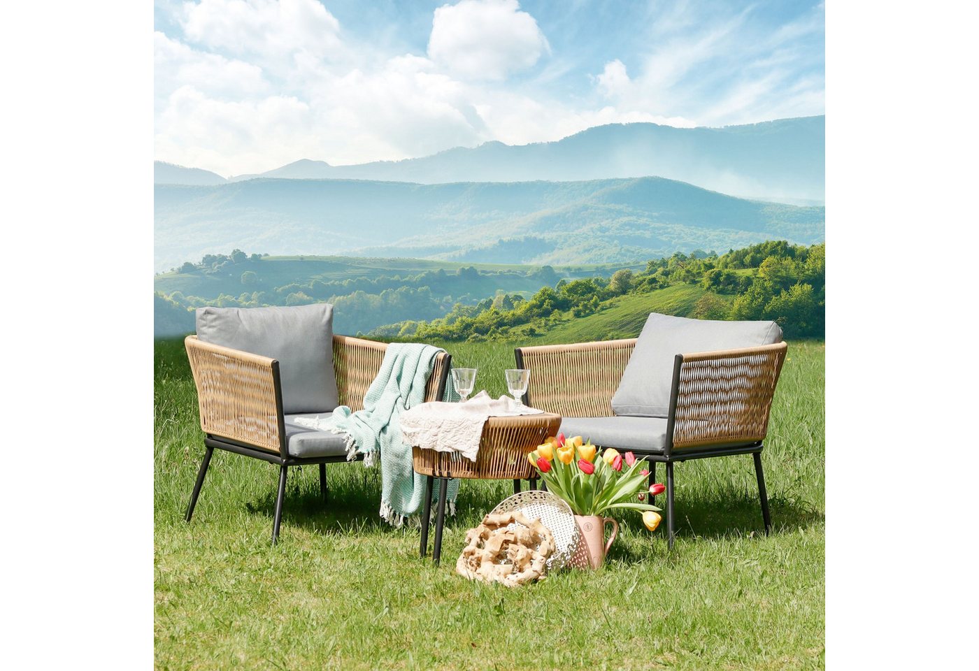 Lycce Gartenlounge-Set Outdoor Gartenmöbel Set Rock-it, Poly-Rattan, (3-tlg), Balkonmöbel Set 3 teilig, im Retro-Look von Lycce