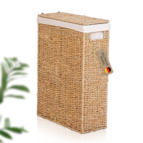Lycce Wäschekorb schmal 29l | platzsparender Wäschekorb mit Deckel | geflochtener Wäschesammler aus Seegras mit Henkel | Nischenwäschekorb mit Wäschesack | Pfandflaschen Sammelbehälter | Gr. 1 von Lycce