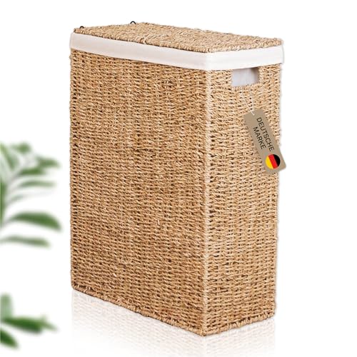 Lycce Wäschekorb schmal 50l | platzsparender Wäschekorb mit Deckel | geflochtener Wäschesammler aus Seegras mit Henkel | Nischenwäschekorb mit Wäschesack | Pfandflaschen Sammelbehälter | Gr. 2 von Lycce