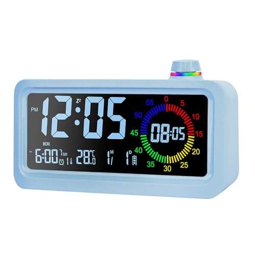 Lychee Digitaler Wecker, visueller Farb-LED-Bildschirm mit Timer, 2 Helligkeitsstufen, 3 Lautstärken, 3 Wecker, Schlummerfunktion, 12/24 Stunden, 60 Minuten Countdown (Blau) von Lychee