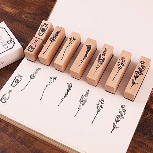 Lychii Holzstempel zum Basteln, 8PCS Gummi Holz Vintage Holzstempel Hochzeit, Geschenkanhänger, Keksstempel Tischdeko, Natürliche Pflanze Boxed Seal Set (Set B) von Lychii