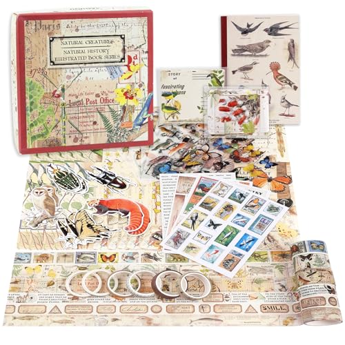 Lychii Scrapbook Zubehör Set, 338 Stück Bullet Journal Sticker Set mit A6 Notizbuch, Washi Tape, Sticker, Scrapbook Papier, für Kinder DIY, Geburtstagsgeschenk, Kindertag Geschenk (Naturthemen) von Lychii