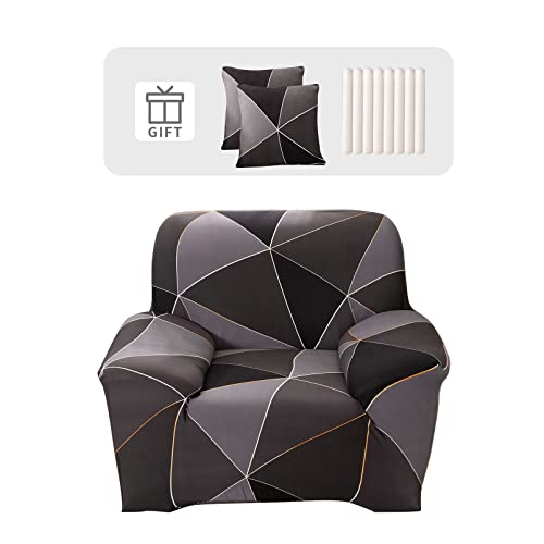 Lydevo Sofabezug 1 Sitzer Stretch Sofahusse Elastischer Sofabezug Spandex Sofa Überzug mit 2 Kissenbezug Anti-Rutsch Waschbar Sofa Protection Cover Schonbezug Couch,Schwarze Geometrie von Lydevo