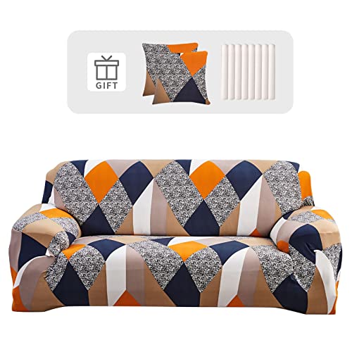 Lydevo Sofabezug 1 Sitzer Stretch Sofahusse Elastischer Sofabezug Spandex Sofa Überzug mit 3 Kissenbezug Anti-Rutsch Waschbar Sofa Protection Cover Schonbezug Couch,Geometrisch Orange von Lydevo