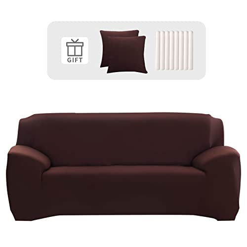 Lydevo Sofabezug 1 Sitzer Stretch Sofahusse Elastischer Sofabezug Spandex Sofa Überzug mit 3 Kissenbezug Anti-Rutsch Waschbar Sofa Protection Cover Schonbezug Couch,Kaffee von Lydevo