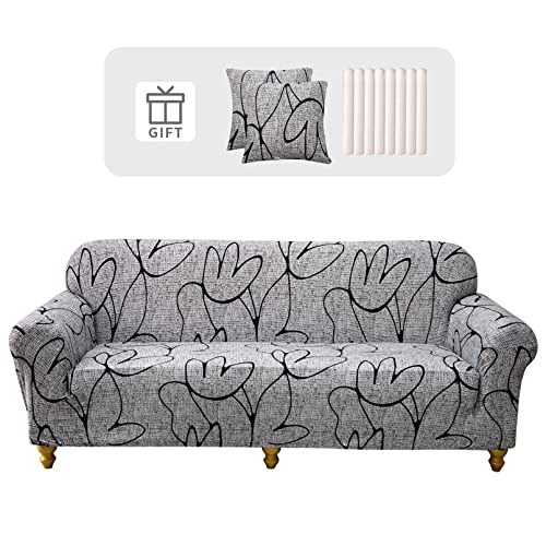 Lydevo Sofabezug 2 Sitzer Stretch Sofahusse Elastischer Sofabezug Spandex Sofa Überzug mit 2 Kissenbezug Anti-Rutsch Waschbar Sofa Protection Cover Schonbezug Couch,Graue Blume von Lydevo