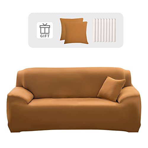 Lydevo Sofabezug 2 Sitzer Stretch Sofahusse Elastischer Sofabezug Spandex Sofa Überzug mit 2 Kissenbezug Anti-Rutsch Waschbar Sofa Protection Cover Schonbezug Couch,Kamel von Lydevo