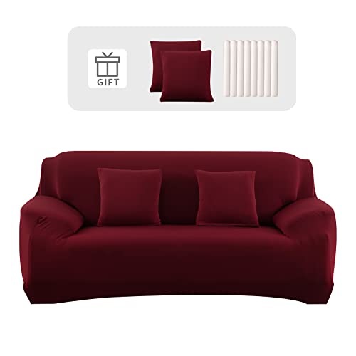 Lydevo Sofabezug 3 Sitzer Stretch Sofahusse Elastischer Sofabezug Spandex Sofa Überzug mit 2 Kissenbezug Anti-Rutsch Waschbar Sofa Protection Cover Schonbezug Couch,Rotwein von Lydevo