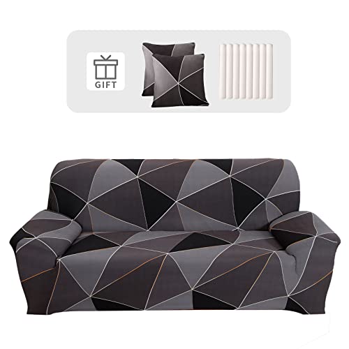 Lydevo Sofabezug 3 Sitzer Stretch Sofahusse Elastischer Sofabezug Spandex Sofa Überzug mit 2 Kissenbezug Anti-Rutsch Waschbar Sofa Protection Cover Schonbezug Couch,Schwarze Geometrie von Lydevo