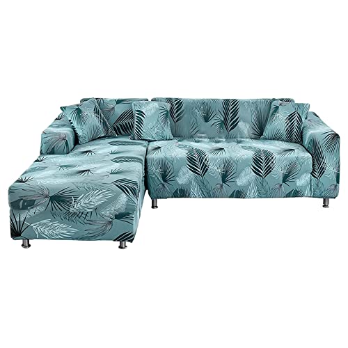 Lydevo Sofabezug Ecksofa L Form Sofa Überwürfe Stretch Sofabezug L Form Rechts oder Links mit Zwei Kissenbezügen Waschbar Universal-Couchbezug L Form Sofa Cover L Shape(1+2,Blaue Blätter) von Lydevo