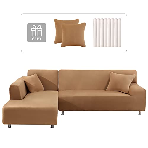 Lydevo Sofabezug Ecksofa L Form Sofa Überwürfe Stretch Sofabezug L Form Rechts oder Links mit Zwei Kissenbezügen Waschbar Universal-Couchbezug L Form Sofa Cover L Shape(1 Sitzer+2 Sitzer,Kamel) von Lydevo