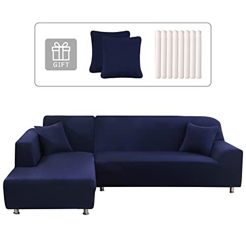 Lydevo Sofabezug Ecksofa L Form Sofa Überwürfe Stretch Sofabezug L Form Rechts oder Links mit Zwei Kissenbezügen Waschbar Universal-Couchbezug L Form Sofa Cover L Shape(1 Sitzer+2 Sitzer,Navy Blau) von Lydevo