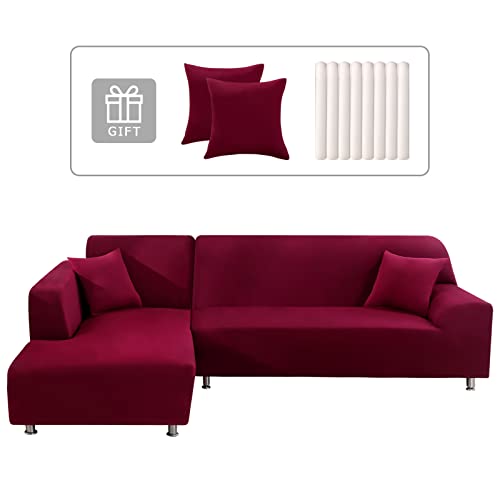 Lydevo Sofabezug Ecksofa L Form Sofa Überwürfe Stretch Sofabezug L Form Rechts oder Links mit Zwei Kissenbezügen Waschbar Universal-Couchbezug L Form Sofa Cover L Shape(1 Sitzer+2 Sitzer,Rotwein) von Lydevo