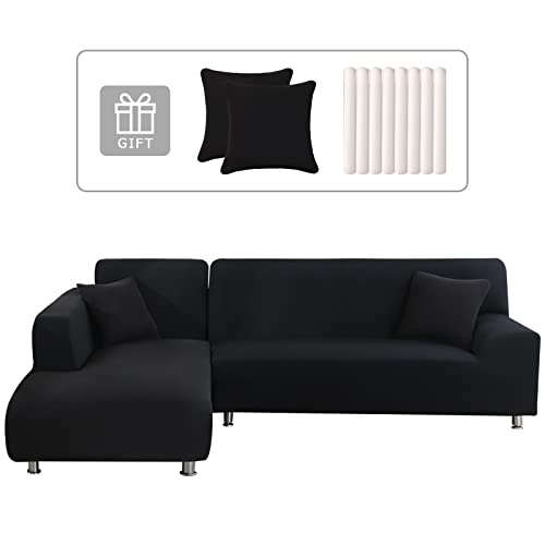 Lydevo Sofabezug Ecksofa L Form Sofa Überwürfe Stretch Sofabezug L Form Rechts oder Links mit Zwei Kissenbezügen Waschbar Universal-Couchbezug L Form Sofa Cover L Shape(1 Sitzer+2 Sitzer,Schwarz) von Lydevo