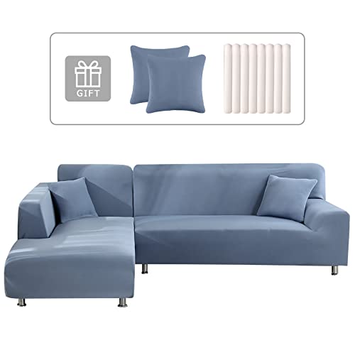 Lydevo Sofabezug Ecksofa L Form Sofa Überwürfe Stretch Sofabezug L Form Rechts oder Links mit Zwei Kissenbezügen Waschbar Universal-Couchbezug L Form Sofa Cover L Shape(2 Sitzer+2 Sitzer,Blau Grau) von Lydevo