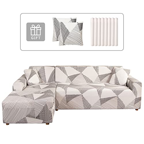 Lydevo Sofabezug Ecksofa L Form Sofa Überwürfe Stretch Sofabezug L Form Rechts oder Links mit Zwei Kissenbezügen Waschbar Universal-Couchbezug L Form Sofa Cover L Shape(2 Sitzer+3 Sitzer,Weiße Linie) von Lydevo