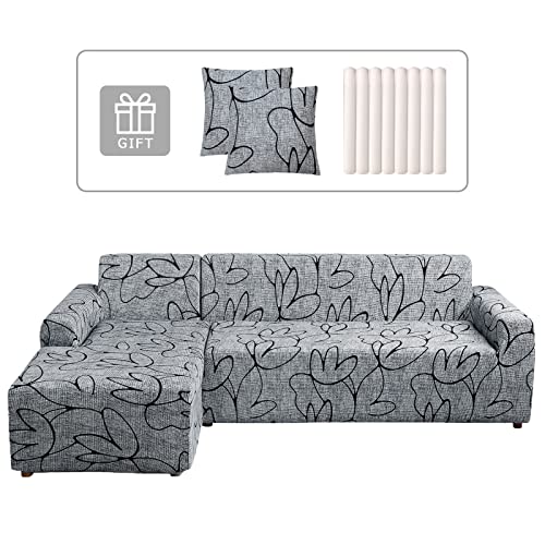 Lydevo Sofabezug Ecksofa L Form Sofa Überwürfe Stretch Sofabezug L Form Rechts oder Links mit Zwei Kissenbezügen Waschbar Universal-Couchbezug L Form Sofa Cover L Shape(3 Sitzer+4 Sitzer,Graue Blume) von Lydevo