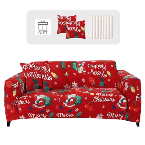 Lydevo Sofabezug Weihnachten 2 Sitzer Stretch Sofahusse Elastischer Sofabezug Weihnachtsmann Sofa Überzug mit 2 Kissenbezug Anti-Rutsch Xmas Sofa Protection Cover,Xmas Kirsche von Lydevo