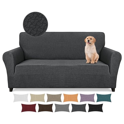 Lydevo Stretch Sofabezug 2 Sitzer Sofa überzug Neu Jacquard Taktiles Upgrade Sofahusse Elastisch Waschbar Sofabezug Mit Armlehnen mit 2 Stücke Kissenbezug,Taktiles Jacquard#Dunkelgrau von Lydevo