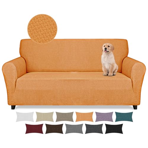 Lydevo Stretch Sofabezug 2 Sitzer Sofa überzug Neu Jacquard Taktiles Upgrade Sofahusse Elastisch Waschbar Sofabezug Mit Armlehnen mit 2 Stücke Kissenbezug,Taktiles Jacquard#Orange von Lydevo