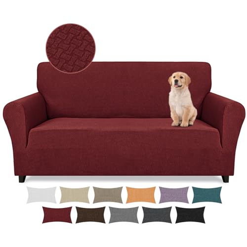 Lydevo Stretch Sofabezug 3 Sitzer Sofa überzug Neu Jacquard Taktiles Upgrade Sofahusse Elastisch Waschbar Sofabezug Mit Armlehnen mit 2 Stücke Kissenbezug,Taktiles Jacquard#Bordeaux von Lydevo