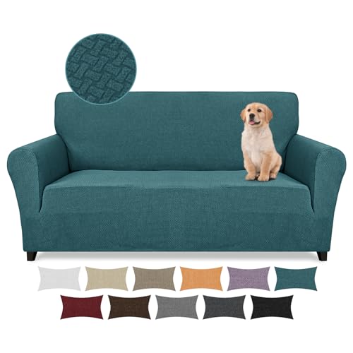 Lydevo Stretch Sofabezug 4 Sitzer Sofa überzug Neu Jacquard Taktiles Upgrade Sofahusse Elastisch Waschbar Sofabezug Mit Armlehnen mit 2 Stücke Kissenbezug,Taktiles Jacquard#Pfauenblau von Lydevo