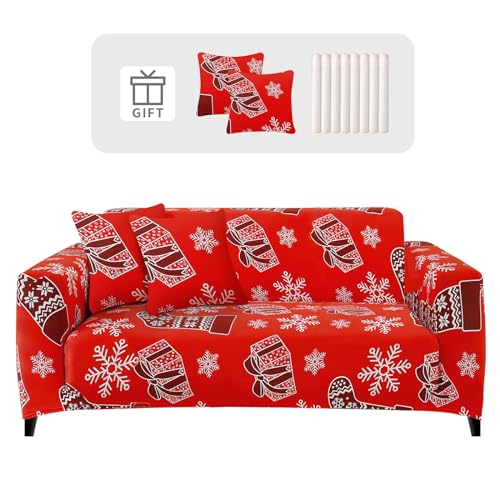 Lydevo Sofabezug Weihnachten 3 Sitzer Stretch Sofahusse Elastischer Sofabezug Weihnachtsmann Sofa Überzug mit 2 Kissenbezug Anti-Rutsch Xmas Sofa Protection Cover,Weihnachtssocken von Lydevo