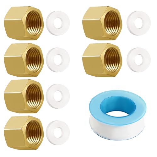 Lyeteung 6 Stücke G1/8 Messing Kappe Innengewinde, Messing Rohrkappe Endkappe, Gewindekappe Messing Schlauchkappen Sechskant, mit Schlauchunterlegscheiben and Rohmaterialband von Lyeteung