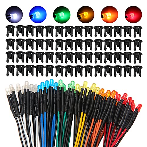 Lyeteung 60 Stücke 3mm 12V Vorverdrahtete LED Dioden Licht, Weiß Orange Rot Gelb Blau Grün, 3mm LED Diffuse Emittierende Leuchtdiode mit 20cm Kabel + 60 Stücke 3mm Plastik LED Dioden Halter von Lyeteung